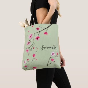 Moderne Salbei-Aquarellkirschblüten Name Tasche