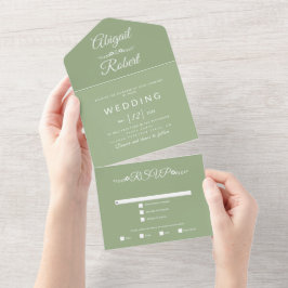 Moderne Salbei-Grüne, weiße Typografie-Hochzeit All In One Einladung