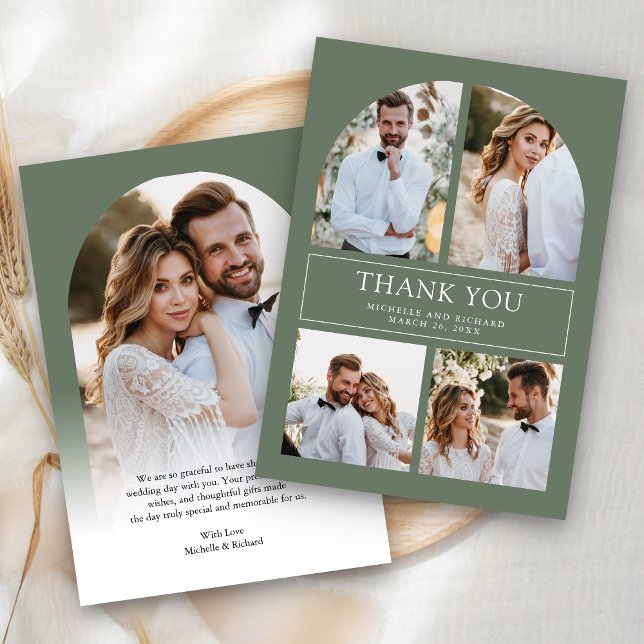 Moderne Salbeigrüne Bogen-Foto-Collage-Hochzeit Dankeskarte (Von Creator hochgeladen)