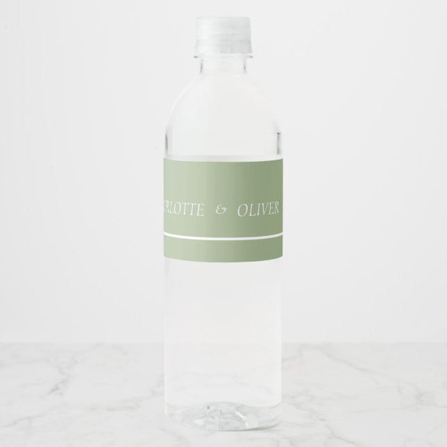 Moderne Salbeigrüne Bogen-Hochzeits-Wasserflaschen (Vorderseite)