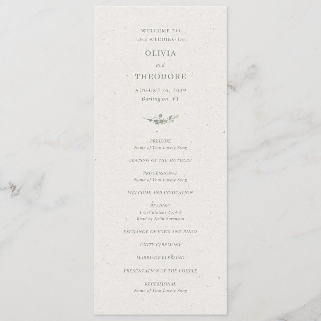 Moderne Salbeigrüne Botanische Elegante Hochzeit Programm (Vorderseite)