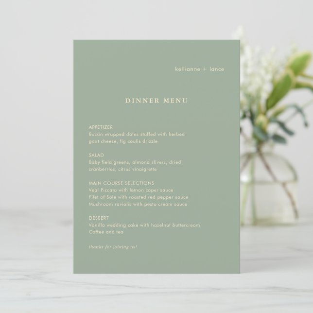 Moderne Salbeigrüne Einfache Hochzeit Menükarte (Stehend Vorderseite)