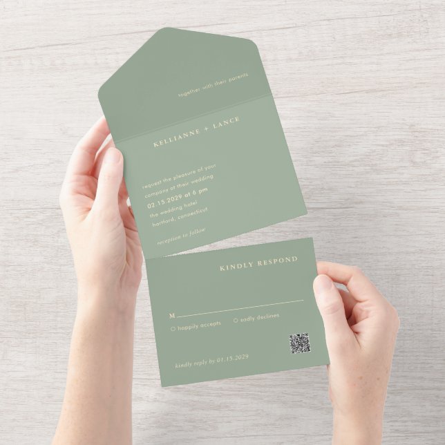 Moderne Salbeigrüne Einfache QR-Code-Hochzeit All In One Einladung (Abreißen)