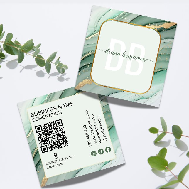 Moderne Salbeigrüne Gold-Monogramm-Qr-Code Quadratische Visitenkarte (Von Creator hochgeladen)
