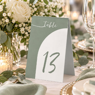 Moderne Salbeigrüne Hochzeitsempfangsfeier mit Bog Tischaufsteller