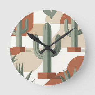 Moderne Salbeigrüne Kaktus-Terrakotta-Wüste Runde Wanduhr