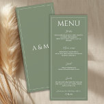 Moderne salbeigrüne minimalistische Hochzeit Menükarte<br><div class="desc">Moderne und einfache Hochzeitsmenü in Salbeigrün. Sauberes und leicht lesbares Design,  das zu einem minimalistischen modernen Hochzeitsthema passt. Enthält eine Kursbeschreibung - Vorspeise,  Hauptgericht,  Dessert und Getränkeinformationen,  die leicht zu bearbeiten und zu personalisieren sind.</div>