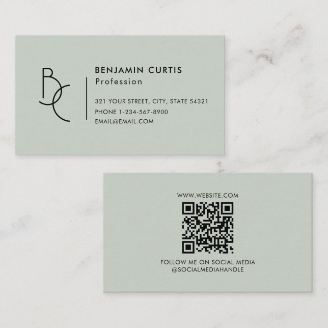 Moderne Salbeigrüne Monogramm Minimalist QR-Code Visitenkarte (Vorne/Hinten)