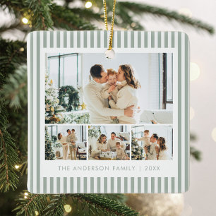 Moderne Salbeigrüne Streifen Familienfoto-Collage Keramikornament
