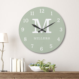 Moderne Salbeigrüne und Weiße Monogramm-Familienna Große Wanduhr