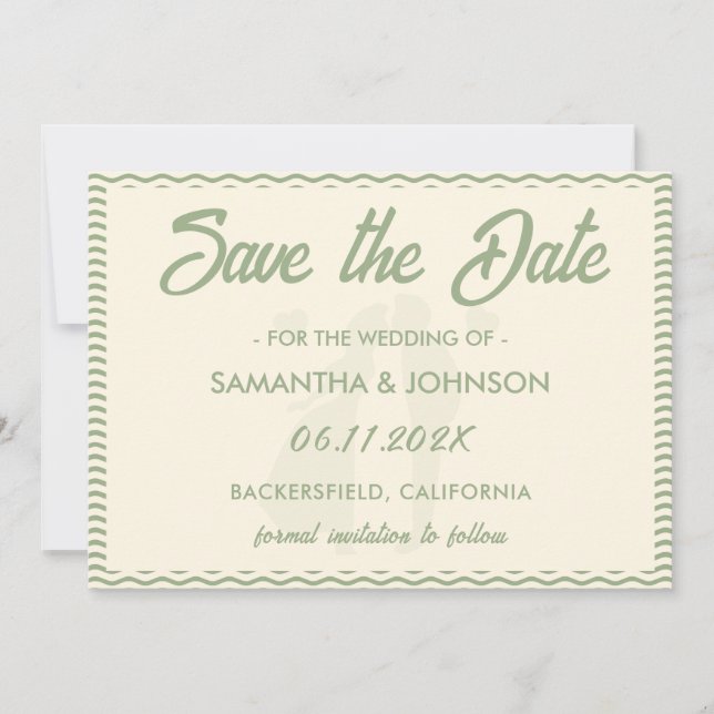 Moderne Salbeigrüne Wellenstreifen-Hochzeit Save The Date (Vorderseite)
