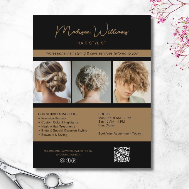 Moderne Salon Hair Stylist Services QR Black Gold Flyer (Modern Salon Hair Stylist Services QR Black Gold Flyer)