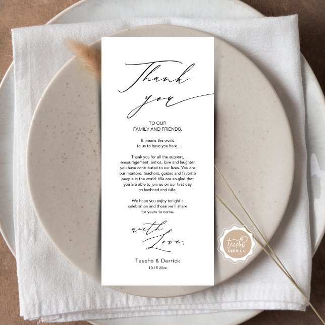 Moderne, sanfte Hochzeitsplattform dank Karte (Wedding Dinner Place Setting Thank You Card, in Modern Gentle Script, Black themed, Plate Decor)