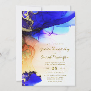 Moderne Sapphire Blue Gold Orange Wedding Einladung