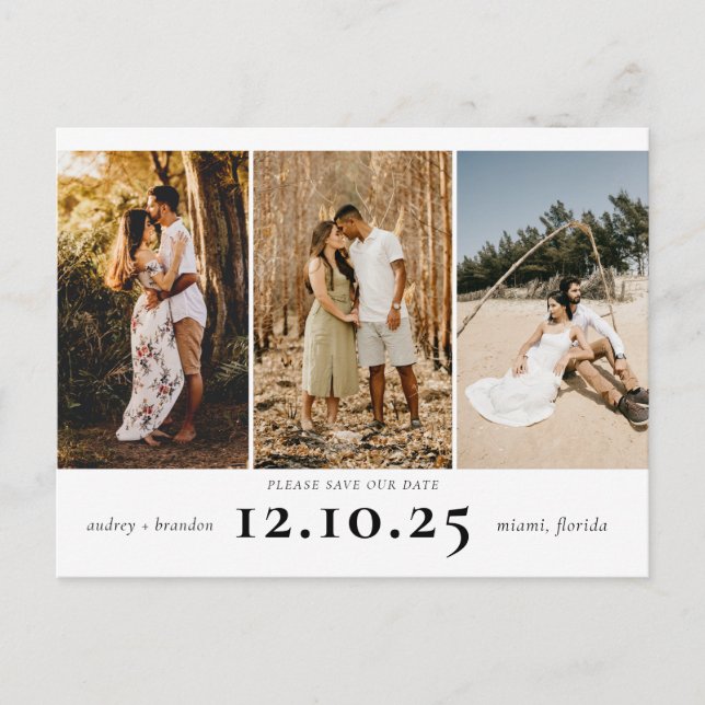 Moderne Save the Date 3 FotoCollage Ankündigungspostkarte (Vorderseite)