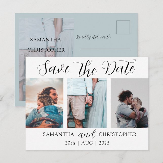 Moderne Save the Date Elegante Script Foto Collage Ankündigungspostkarte (Vorne/Hinten)