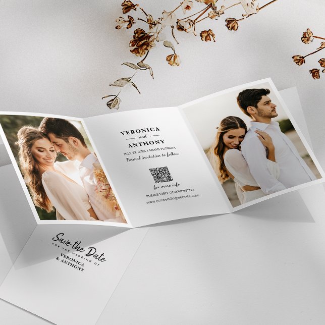 Moderne Save the Date-Foto-Hochzeit Dreifach Gefaltete Ankündigung (Elegant trifold save the date with photos and QR code for easy wedding info access.)