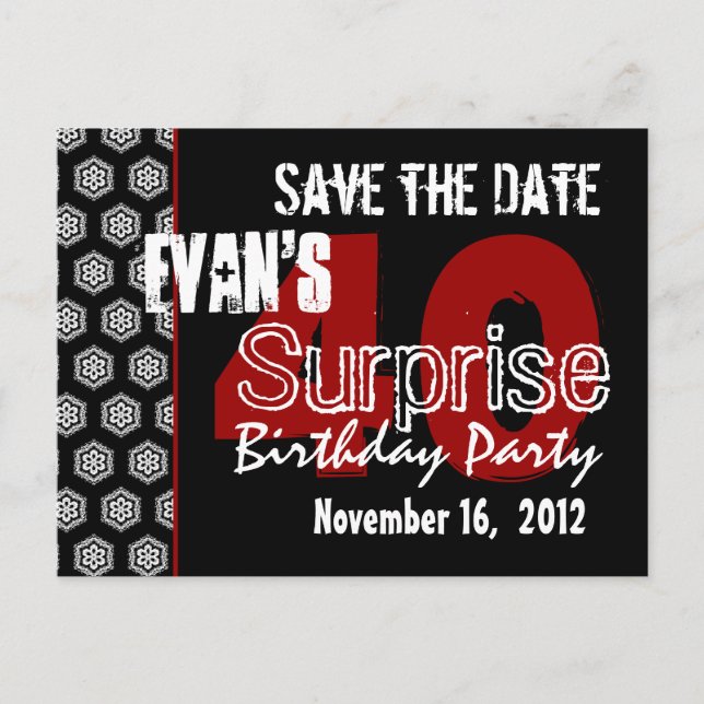 Moderne Save the Date Überraschung 40. Party V336 Ankündigungspostkarte (Vorderseite)
