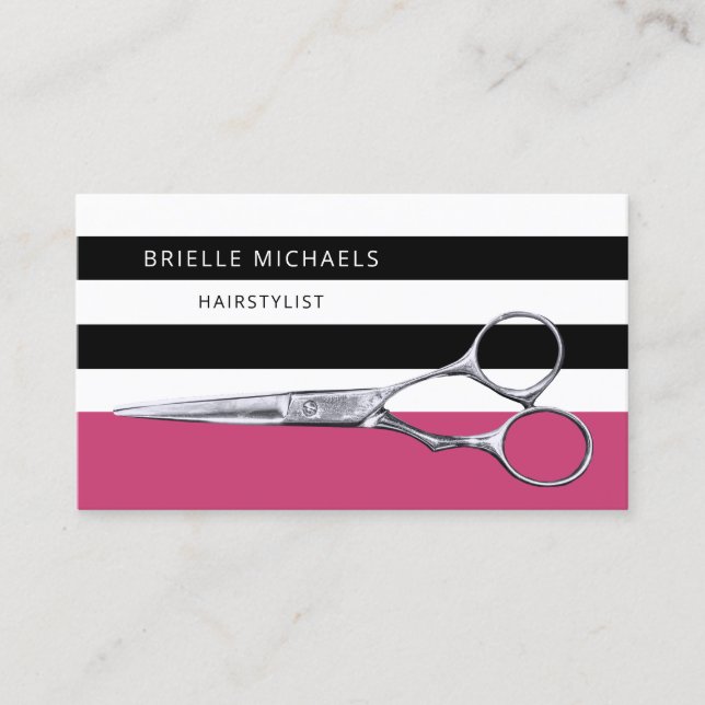 Moderne Schere Rosa und Schwarze Streifen Friseur  Visitenkarte (Vorderseite)