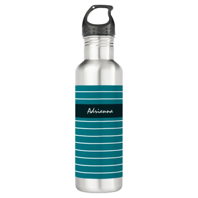 Moderne, schick Aquamarine Streifen mit Namen Edelstahlflasche (Vorderseite)