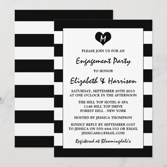 Moderne schicke Black & White Engagement Party Einladung (Vorne/Hinten)