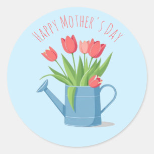 Moderne schicke Blue Wateringdose mit Tulips-Blume Runder Aufkleber
