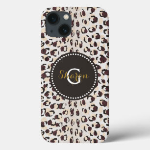 Moderne schicke braune Gepard-Druck-Muster-Monogra iPhone 13 Hülle
