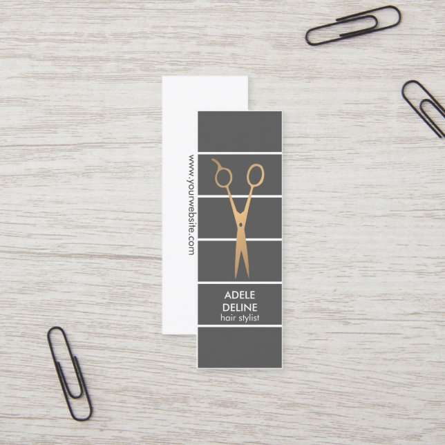 Moderne, schicke graue Kupfer-Schere Haar Stylist Mini Visitenkarte (Vorderseite/Rückseite Beispiel)