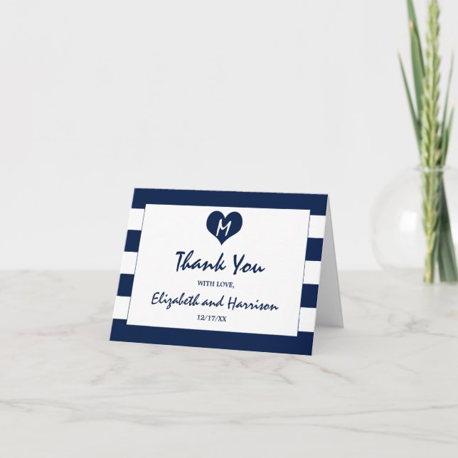 Moderne schicke Hochzeit in Blau und Weiß Dankeskarte (Vorderseite)