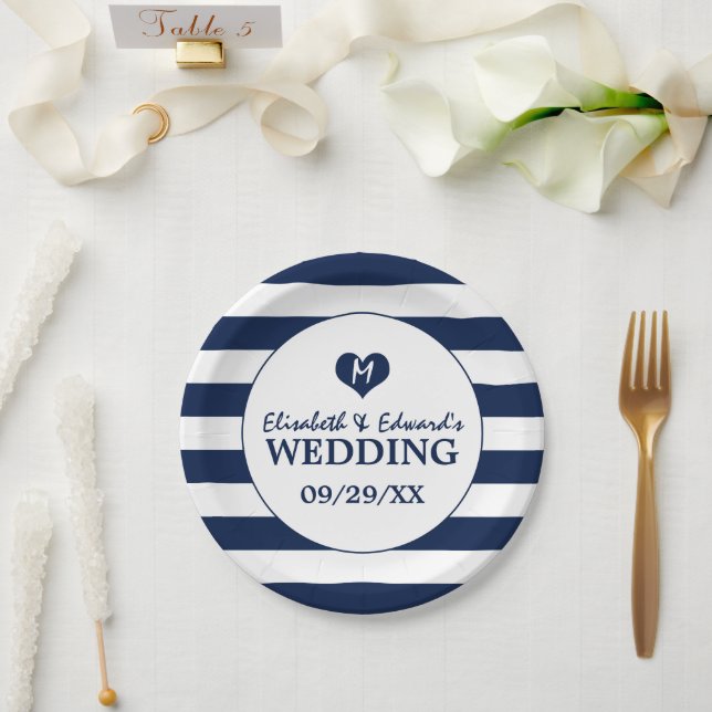 Moderne schicke Hochzeit in Blau und Weiß Pappteller (Hochzeit)