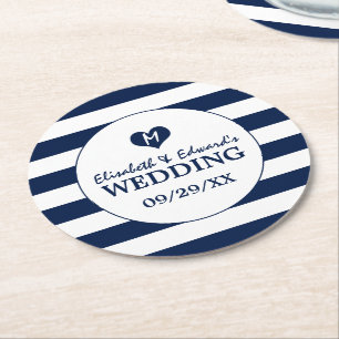 Moderne schicke Hochzeit in Blau und Weiß Runder Pappuntersetzer