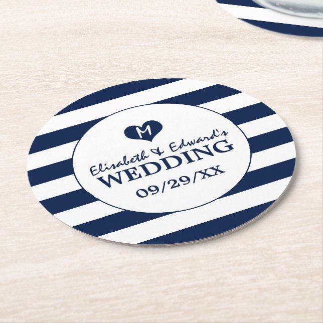 Moderne schicke Hochzeit in Blau und Weiß Runder Pappuntersetzer (Angewinkelt)