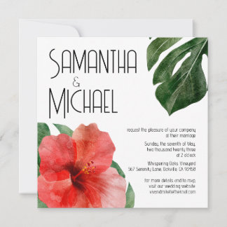 Moderne, schicke Hochzeit mit tropischen Blumen Einladung