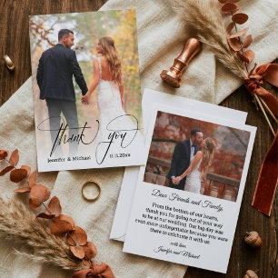 moderne schicke Kalligrafie Danke 2 Foto-Hochzeit Mitteilungskarte