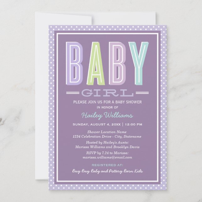 Moderne schicke Lavendel Lila Girl Baby Dusche Einladung (Vorderseite)