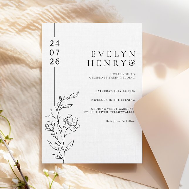 Moderne Schicke Linie Florale Elegante Hochzeit Einladung (Von Creator hochgeladen)