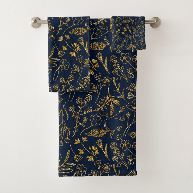 Moderne schicke Navy Blue Gold Blätter Badhandtuch Set (Insitu)