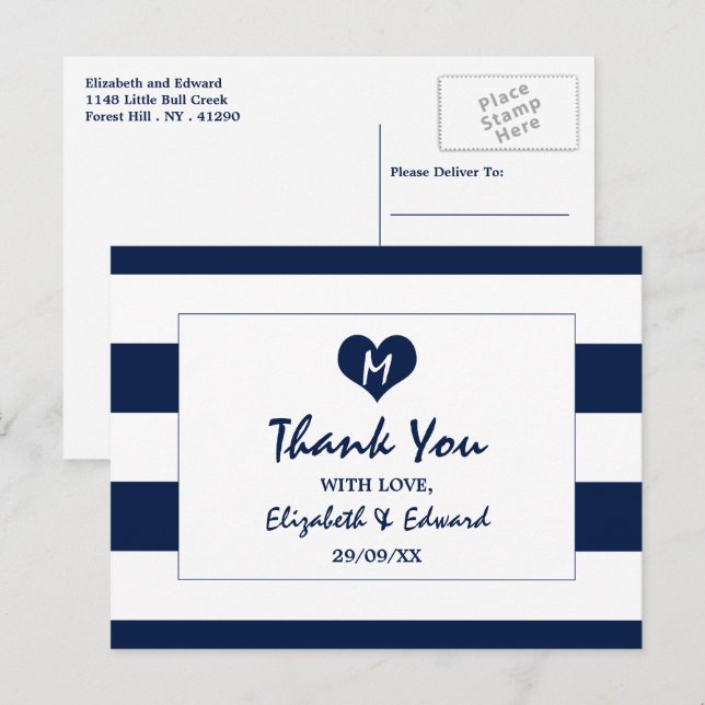 Moderne schicke Navy Blue und White Wedding Vielen Postkarte (Vorne/Hinten)