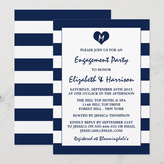Moderne schicke Navy Blue & White Engagement Party Einladung (Vorne/Hinten)