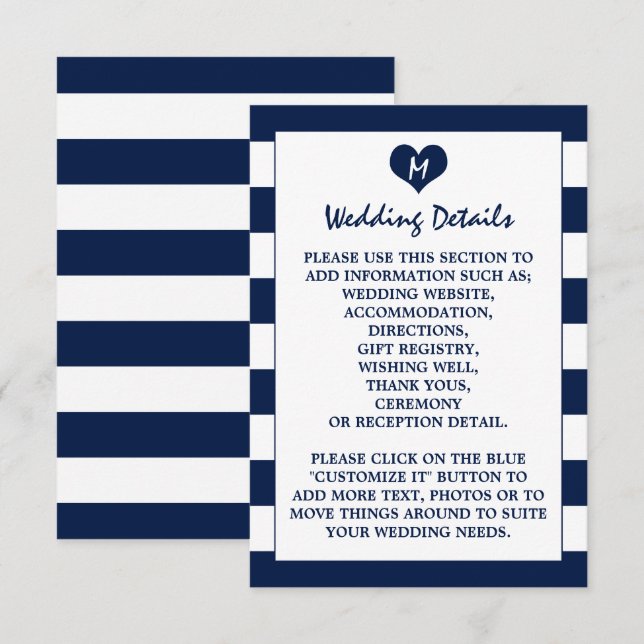 Moderne schicke Navy Blue & White Wedding Details Begleitkarte (Vorne/Hinten)