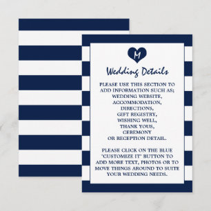Moderne schicke Navy Blue & White Wedding Details Begleitkarte