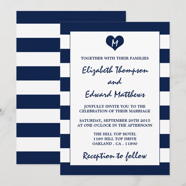 Moderne schicke Navy Blue & White Wedding Einladung (Vorne/Hinten)