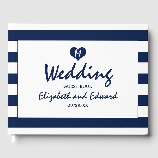Moderne schicke Navy Blue & White Wedding Gästebuch (Vorderseite)