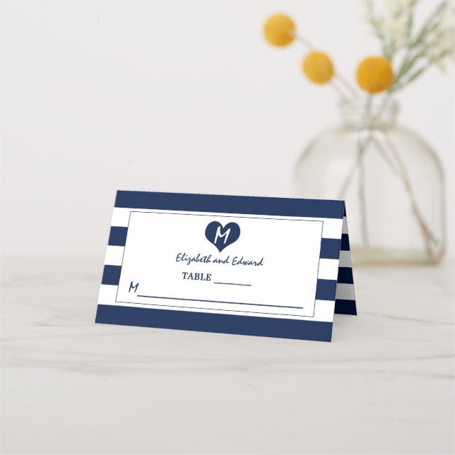 Moderne schicke Navy Blue & White Wedding Platzkarte (Vorderseite)