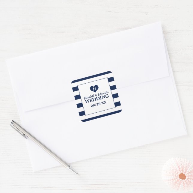 Moderne schicke Navy Blue & White Wedding Quadratischer Aufkleber (Umschlag)