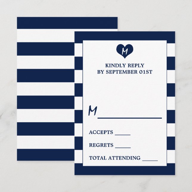 Moderne schicke Navy Blue & White Wedding RSVP Karte (Vorne/Hinten)