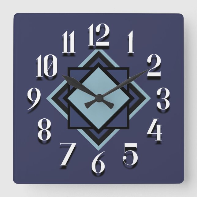 Moderne schicke Navy Light Blue White Geometric Quadratische Wanduhr (Vorderseite)