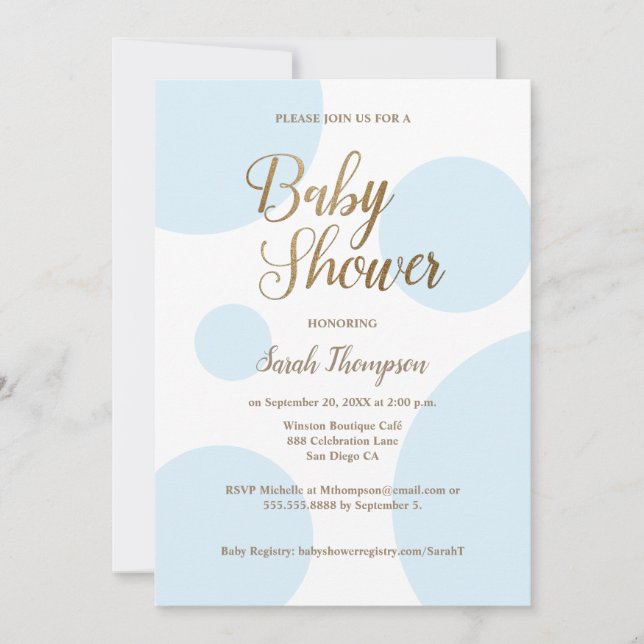 Moderne schicke Polka dot Gold Blue Baby Dusche Einladung (Vorderseite)