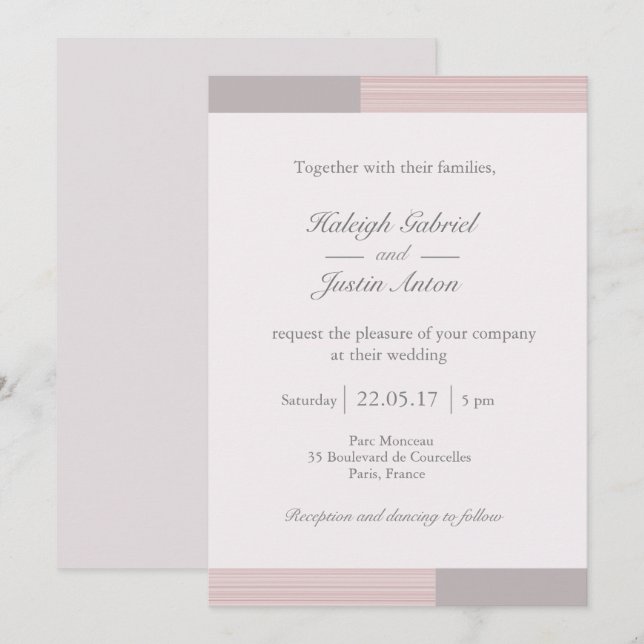 Moderne, schicke, rosa graue Streifen Hochzeit Einladung (Vorne/Hinten)