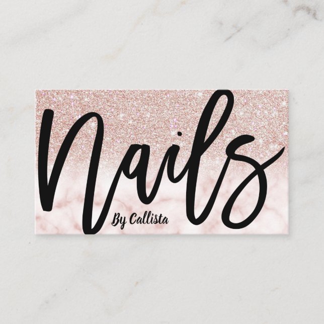 Moderne schicke Rose Gold Glitzer Marble Nail Tech Visitenkarte (Vorderseite)